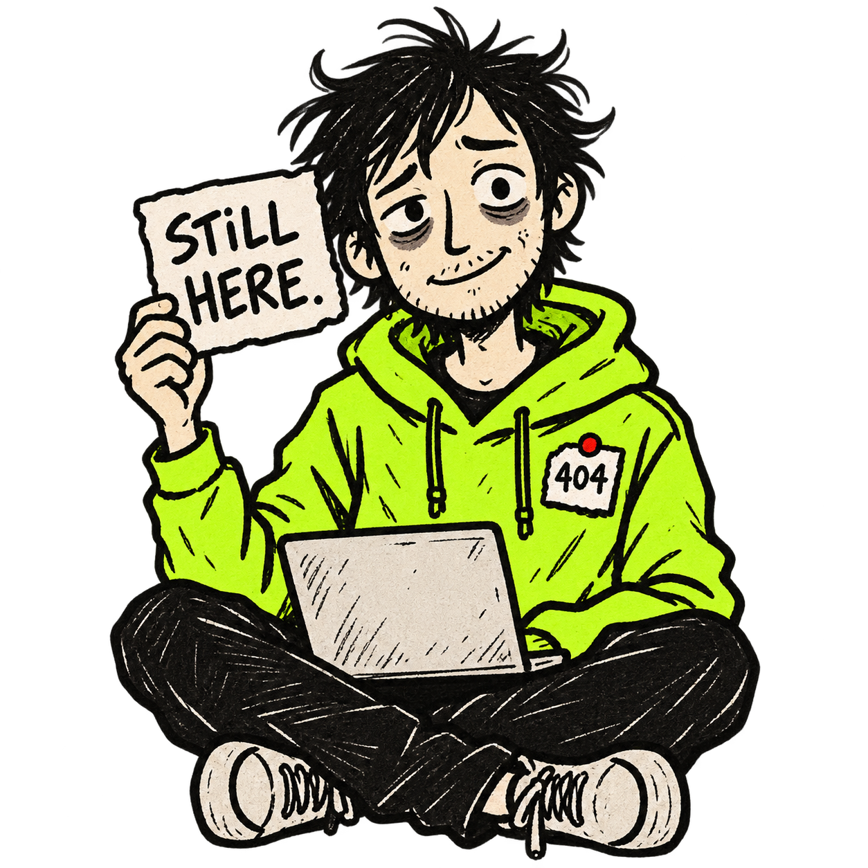 The HUMOOPS human in a lime hoodie, still here with a laptop and a hand-drawn sign